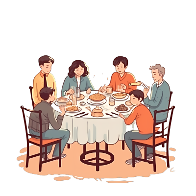 手绘一家人围坐在一起吃饭商业设计元素