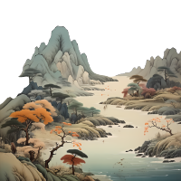 远山河流树木风景唯美插画