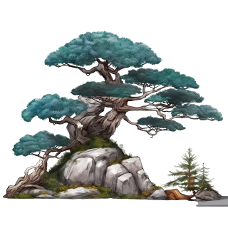 彩色动画静态图的盆栽树和石头素材