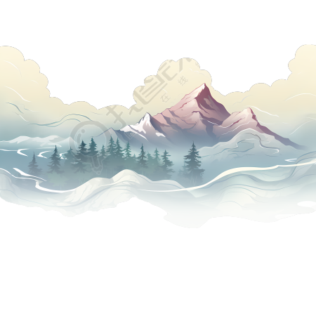 透明背景的墨水渐变山脉和云朵手绘插图