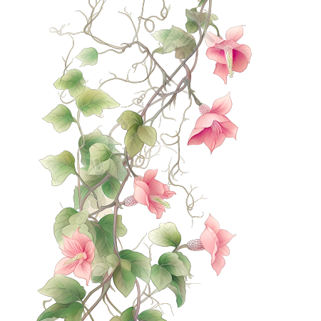 唐妆风格水粉画-粉色藤蔓与粉色花朵