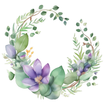 紫色花卉与叶绿色灰色的水彩花环