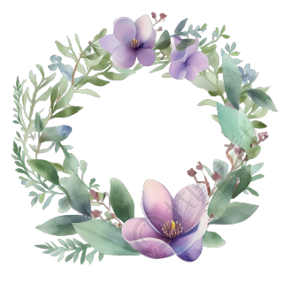 紫色花卉水彩花环