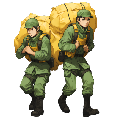 士兵男性举着黄色袋子