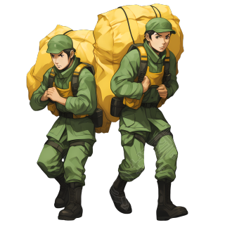 士兵男性举着黄色袋子
