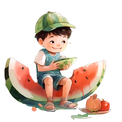 插画设计男孩吃西瓜持扇子