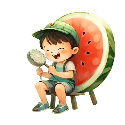 夏天吃西瓜的男孩透明背景高清图形素材