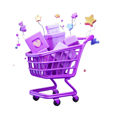 紫色购物车飞着礼盒和礼物元素