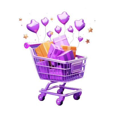 紫色礼品盒和礼物飞行的购物车动态图元素
