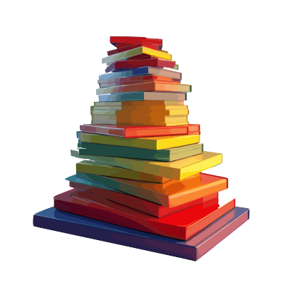 Agnes Lawrence Pelton风格的3D蓝色、红色、黄色、绿色、橙色堆叠书籍透明背景PNG图形素材