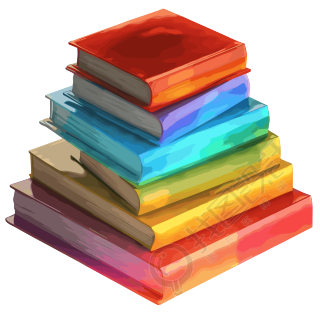 3D蓝、红、黄、绿、橙色透明背景书堆