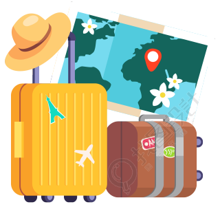 旅游装备行李箱太阳帽地图插画
