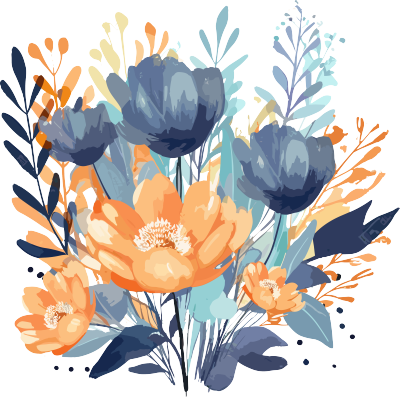 深天蓝和浅橙色在白色背景上的矢量花卉水彩插图