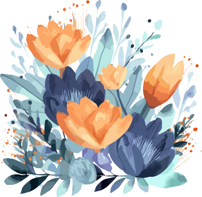 暗天蓝与浅橙色水彩花卉图案PNG剪贴画