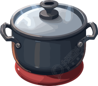 2D游戏风格白底煤气或电动炖锅炖菜锅的PNG图形素材