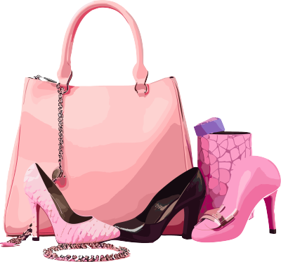 时尚配饰包括手提包、高跟鞋和包包，粉色背景