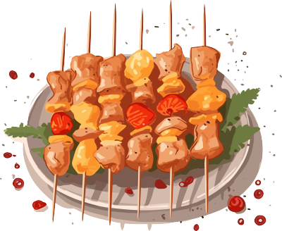白色背景下的动画插图：带有胡椒、大蒜和丁香的串烤鸡肉