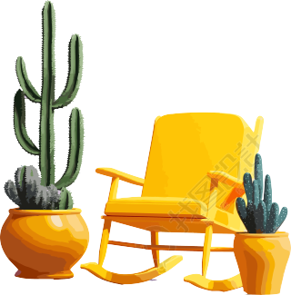 可商用创意设计PNG素材-黄色摇椅与盆栽仙人掌