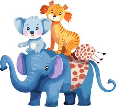 大象、两只猫和一只老虎可爱动物插画元素