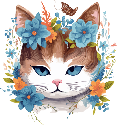 带花朵的棕蓝色猫头儿童图书插画元素