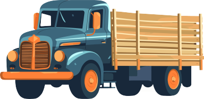 暗深蓝色与浅海军蓝色风格的橙色卡车与木制拖车插画