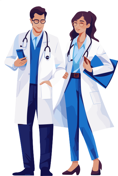科学插画设计-男女医生穿着白大褂的蓝色背景