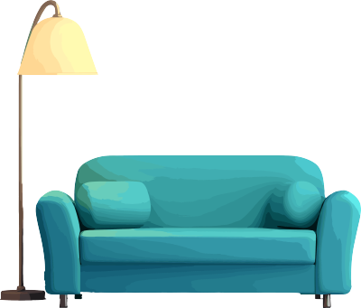 蓝色沙发与绿色背景的3D插图元素