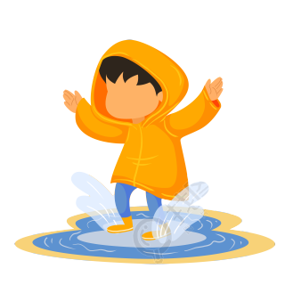 手绘秋天穿黄色雨衣的小男孩玩水插画