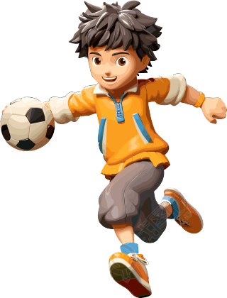 黄橙色特色角色设计的3D男孩足球动画
