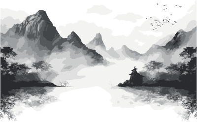 中国水墨风格的山水雾景数字插画