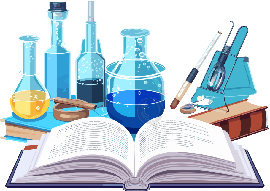 科学插图: 蓝色背景的开放书籍和学习工具素材