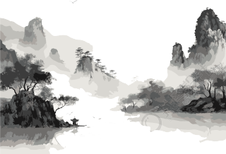 中国传统墨迹风格数码插画：山水雾中