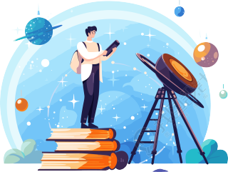 科学学术风格的动画插画：用望远镜站在书上探索太空素材