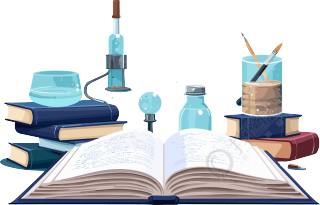 蓝色背景下的开放书籍和学习工具科学插图素材