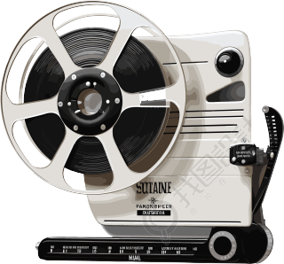 白色背景动图：电影拍摄器和胶片卷轴元素