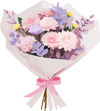 粉色花束与漫画风格的花朵和丝带
