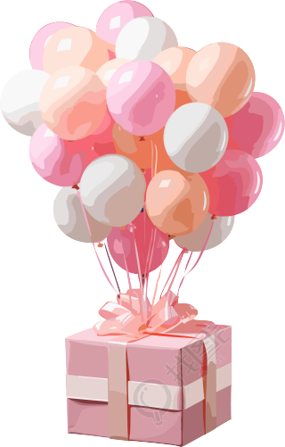 粉色气球装饰生日礼盒，创意设计透明背景图形素材