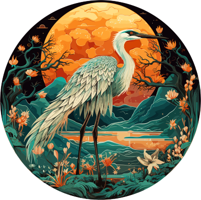 明月之上的中国鹤山水插画风格的天青琥珀