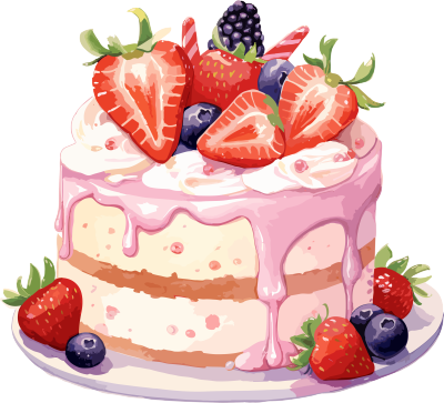 逼真插画设计草莓蛋糕与冰淇淋的水彩绘画
