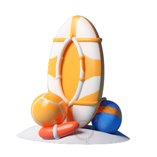 冲浪板、救生衣和橙色球的3D插图创意设计元素