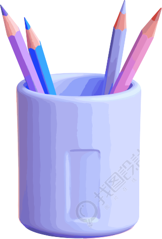 蓝色杯子中的淡紫和淡粉彩色铅笔和记号笔素材