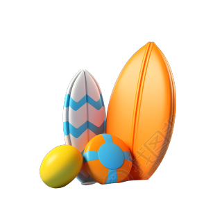 冲浪板、救生衣和橙色球创意设计商用PNG图形素材