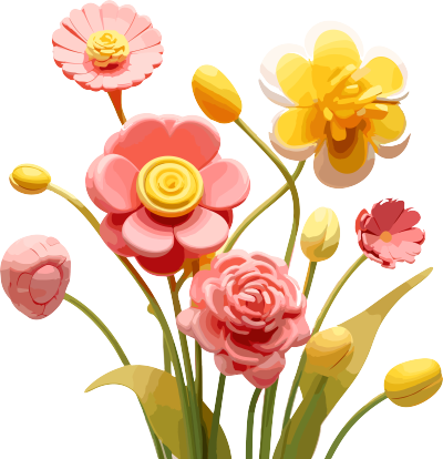 可爱卡通风格的粉色和黄色3D打印花朵插画