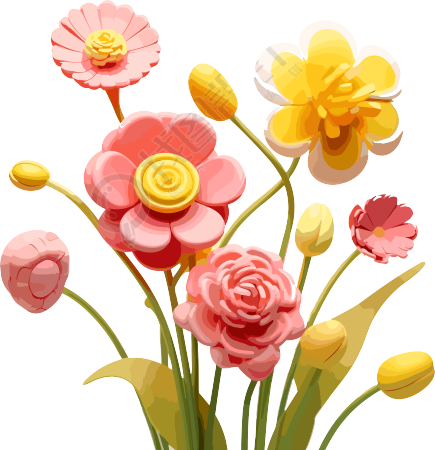 可爱卡通风格的粉色和黄色3D打印花朵插画