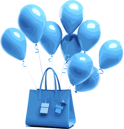 手绘风蓝色气球与购物袋PNG素材