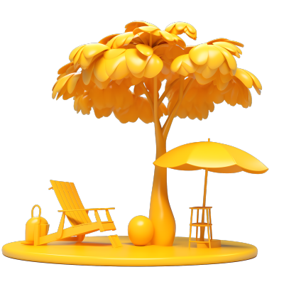 透明背景黄色树木椅子和沙滩伞雕塑素材
