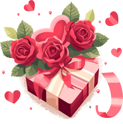 情人节心形图案玫瑰花和礼盒白色背景
