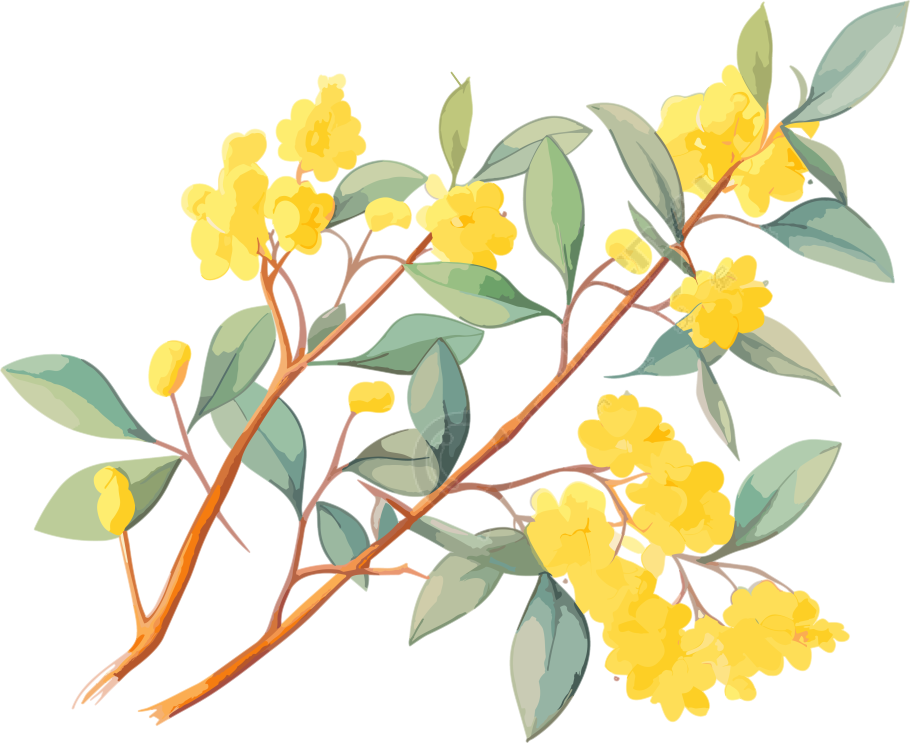 日式风格多彩动画静帧黄色桉树枝叶花素材