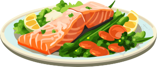 动态平视白底盘上的三文鱼和蔬菜素材