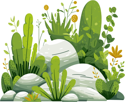 多样植物和岩石的卡通插画素材